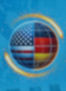 Graphic of a globe split into U.S. and German flag patterns with curved lines around it on a blue background, representing a German‑American summit event.